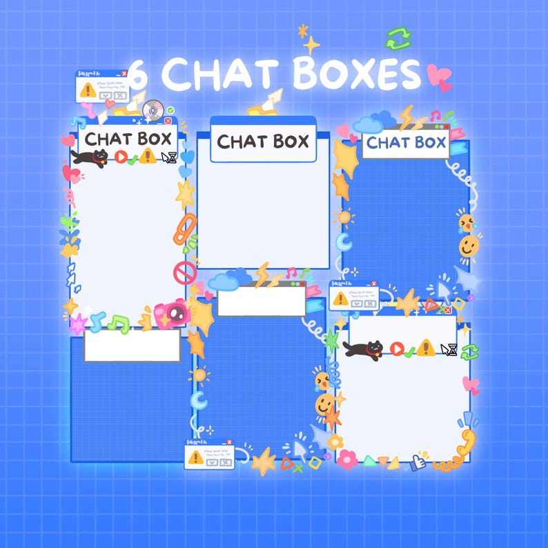May include: A digital illustration featuring six chat boxes arranged on a blue grid background. Each box is outlined with colorful decorative elements like stars, flowers, and musical notes. The text "6 CHAT BOXES" is at the top.