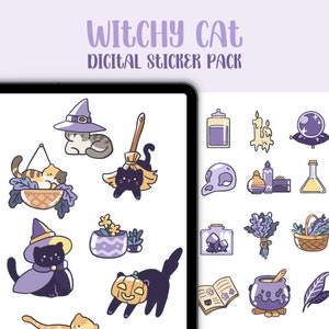Witch Cat Digital Sticker Pack | Kawaii Digital Stickers | Goodnotes Stickers | Notability | Notetaking | Witchcraft Digital Stickers
