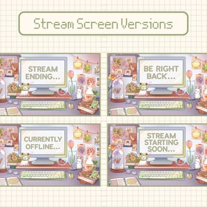 May include: Four different versions of a stream screen overlay featuring a computer monitor, keyboard, and a variety of cute, colorful decorations. The text on the monitor changes in each version: "Stream Ending...", "Be Right Back...", "Currently Offline...", and "Stream Starting Soon..."