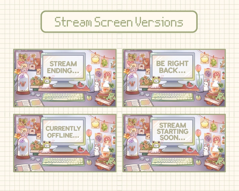 May include: Four different versions of a stream screen overlay featuring a computer monitor, keyboard, and a variety of cute, colorful decorations. The text on the monitor changes in each version: "Stream Ending...", "Be Right Back...", "Currently Offline...", and "Stream Starting Soon..."