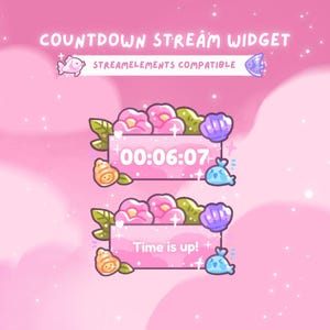 Puede incluir: Un widget de transmisión de cuenta regresiva digital rosa con ilustraciones florales y acuáticas. El banner superior dice "COUNTDOWN STREAM WIDGET" y "STREAMELEMENTS COMPATIBLE". El temporizador muestra "00:06:07" y "Time is up!" en un rectángulo rosa.