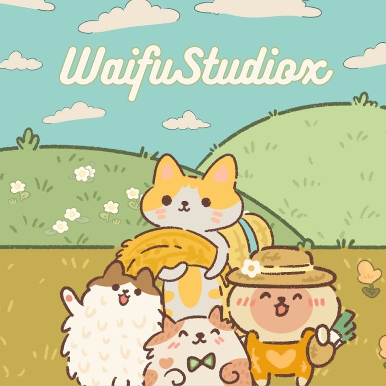 May include: A digital illustration of four cartoon animals in a field. A yellow cat with a straw hat holds a bundle of hay. A white fluffy dog with a pink nose looks to the left. A brown and white cat with a green bow tie looks to the right. A tan dog with a straw hat and a yellow overall holds a bunch of green leaves. The text "Waifu Studiox" is at the top of the image.