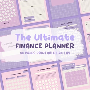 May include: A collage of printable pages for a finance planner. The pages are pink and purple with a grid pattern. The text "The Ultimate FINANCE PLANNER" is in a large, playful font. The text "40 PAGES PRINTABLE | A4 | A5" is below the title.