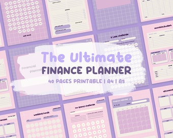 Könnte beinhalten: Eine Collage aus druckbaren Seiten für einen Finanzplaner. Die Seiten sind rosa und lila mit einem Gittermuster. Der Text "The Ultimate FINANCE PLANNER" ist in einer großen, verspielten Schriftart. Der Text "40 PAGES PRINTABLE | A4 | A5" befindet sich unter dem Titel.