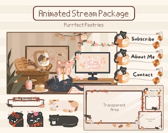 Animated Cozy Stream Overlay: Purrfect Pastries Twitch Package