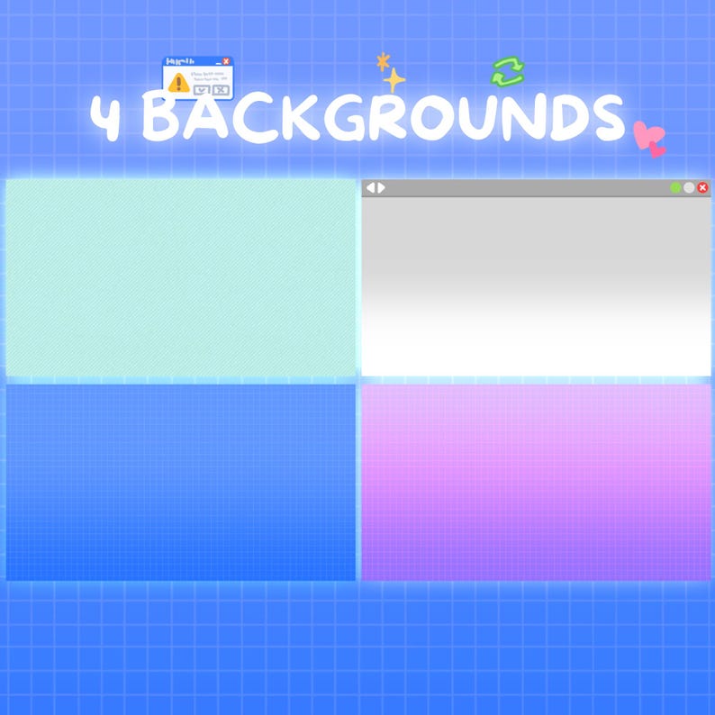 May include: A digital graphic with four background options: light green, white, blue, and purple. The text "4 BACKGROUNDS" is displayed in white, along with small icons and a blue grid background.