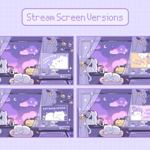 May include: Four different versions of a purple and white Halloween-themed stream screen overlay. Each screen features a white cat sleeping on a purple pillow, a pumpkin, and a computer screen with a different message. The messages are "Starting Soon", "Stream Ending", "Currently Offline", and "Be Right Back!"