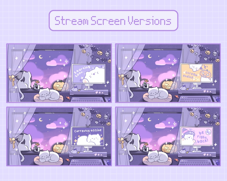 May include: Four different versions of a purple and white Halloween-themed stream screen overlay. Each screen features a white cat sleeping on a purple pillow, a pumpkin, and a computer screen with a different message. The messages are "Starting Soon", "Stream Ending", "Currently Offline", and "Be Right Back!"