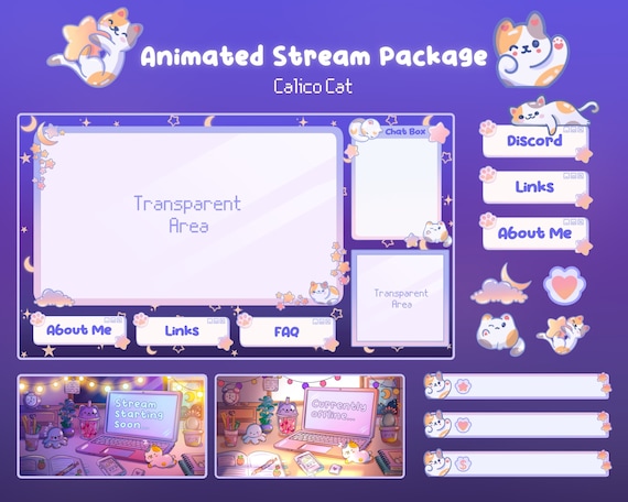 Calico Cat Lofi Animated Stream Package: Twitch Overlay (Digital Download)