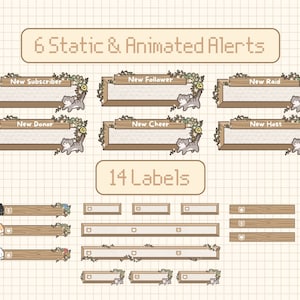 May include: Six animated alerts and fourteen labels featuring a cartoon cat with floral accents. The alerts include "New Subscriber", "New Follower", "New Raid", "New Donor", "New Cheer", and "New Host". The labels are wooden planks with floral accents and a cat in various colors.