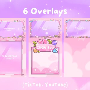 Puede incluir: Seis superposiciones rosas y moradas con decoraciones florales y acu&aacute;ticas. Cada superposici&oacute;n tiene un &aacute;rea transparente para la transmisi&oacute;n. El texto "6 Overlays" y "Transparent Area" son visibles. La parte inferior de la imagen dice "(TikTok, YouTube)".