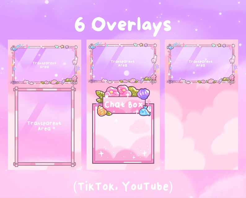 Puede incluir: Seis superposiciones rosas y moradas con decoraciones florales y acu&aacute;ticas. Cada superposici&oacute;n tiene un &aacute;rea transparente para la transmisi&oacute;n. El texto "6 Overlays" y "Transparent Area" son visibles. La parte inferior de la imagen dice "(TikTok, YouTube)".
