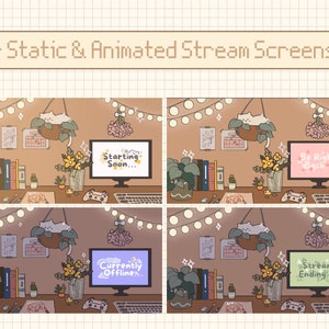 May include: Four animated stream screens with a light brown background. The screens feature a cat in a hanging plant, a desk with books, a potted plant, a computer monitor, and a controller. The text on the screens reads "Starting Soon...", "Be Right Back...", "Currently Offline", and "Stream Ending..."