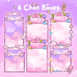 Puede incluir: Seis dise&ntilde;os de cuadros de chat digitales en una paleta de colores pastel. Cada cuadro presenta un marco rosa, con elementos decorativos como flores, conchas marinas y peces. El texto "Chat Box" se muestra en cada dise&ntilde;o, con una est&eacute;tica so&ntilde;adora y caprichosa.