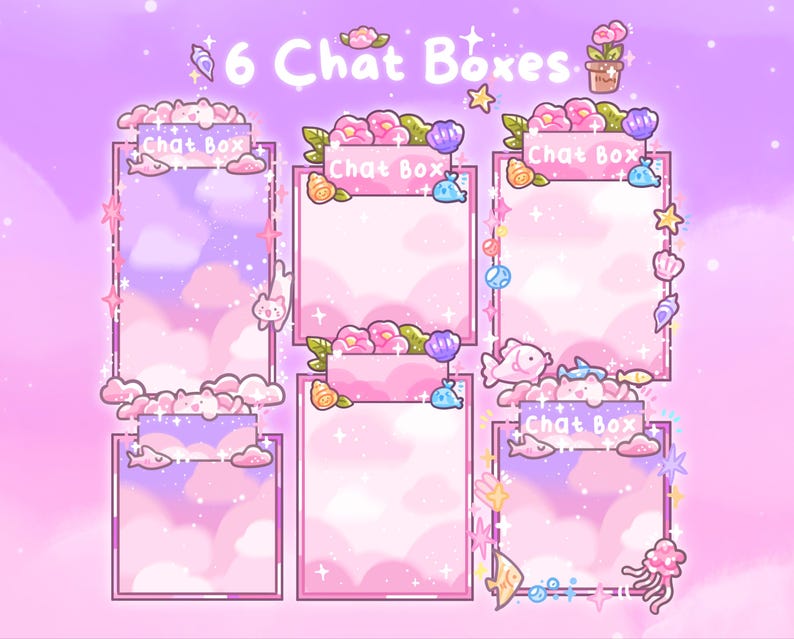 Puede incluir: Seis dise&ntilde;os de cuadros de chat digitales en una paleta de colores pastel. Cada cuadro presenta un marco rosa, con elementos decorativos como flores, conchas marinas y peces. El texto "Chat Box" se muestra en cada dise&ntilde;o, con una est&eacute;tica so&ntilde;adora y caprichosa.