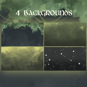 May include: Four digital backgrounds are displayed, each with a unique design. The top left features a dark, moody forest scene. The top right and bottom left have a golden, glittery effect. The bottom right background has a starry night design with white butterflies.