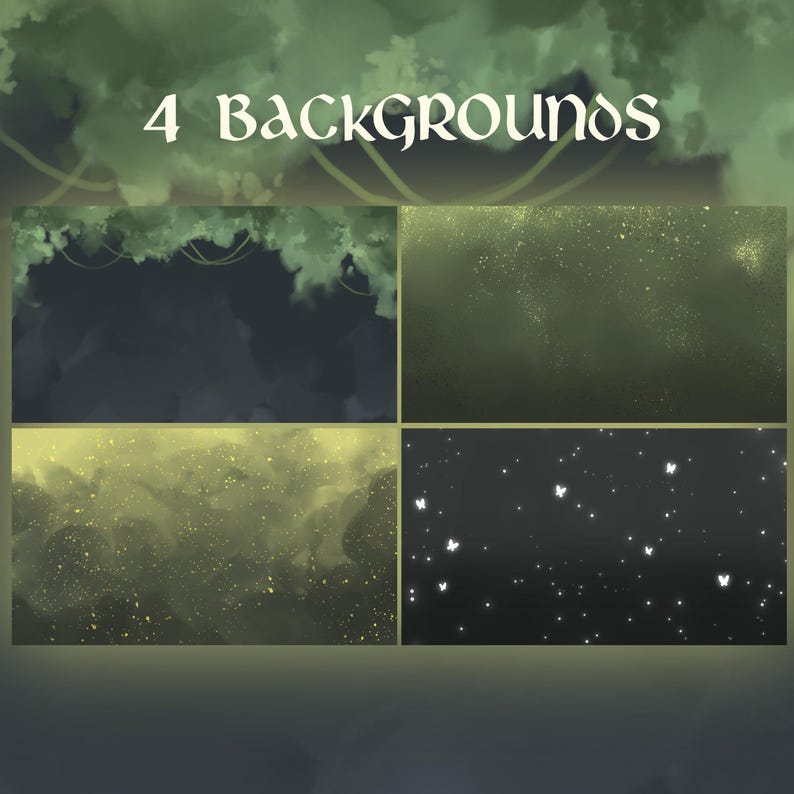 May include: Four digital backgrounds are displayed, each with a unique design. The top left features a dark, moody forest scene. The top right and bottom left have a golden, glittery effect. The bottom right background has a starry night design with white butterflies.