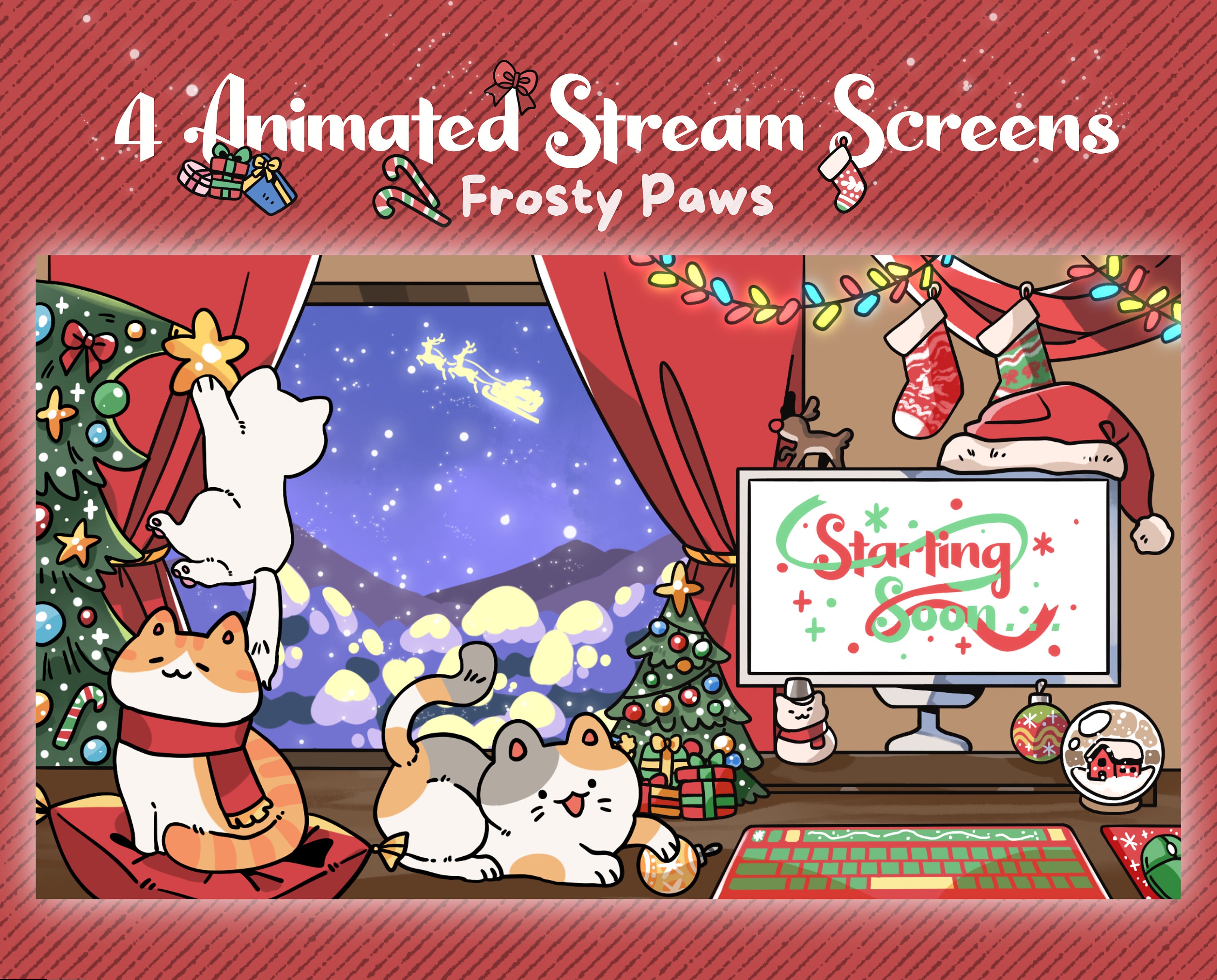 4 Animated Christmas Twitch Screens, Cat Twitch, Twitch Overlay Lofi, Cute Livestream Graphics, Lofi Twitch, Cozy Twitch, Christmas, Youtube
