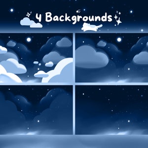 May include: Four digital backgrounds with a night sky theme. Each background features a dark blue sky with white clouds and stars. The text "4 Backgrounds" is at the top, along with a cartoon cat and stars.