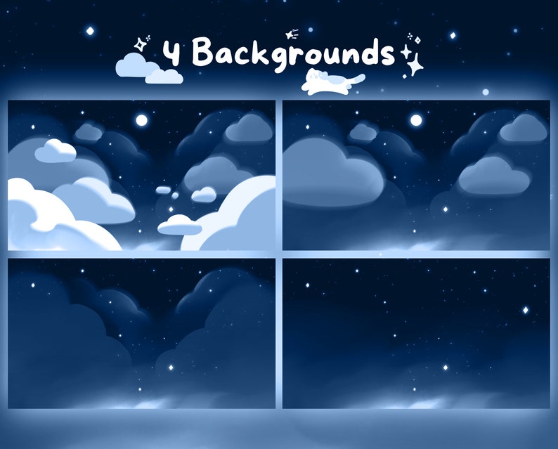 May include: Four digital backgrounds with a night sky theme. Each background features a dark blue sky with white clouds and stars. The text "4 Backgrounds" is at the top, along with a cartoon cat and stars.