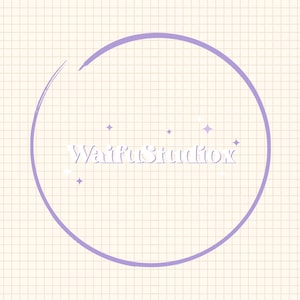 May include: Purple circle with the text "Waifu Studio" inside, surrounded by small white stars on a light beige background with a grid pattern.