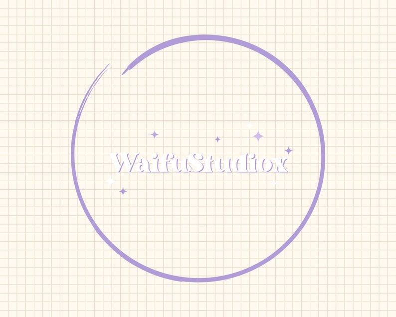 May include: Purple circle with the text "Waifu Studio" inside, surrounded by small white stars on a light beige background with a grid pattern.
