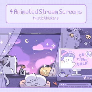 4 Animated Cute Twitch Screens, Cat Twitch, Twitch Overlay Lofi, Cute Livestream Graphics, Lofi Twitch, Cozy Twitch, Halloween, Youtube