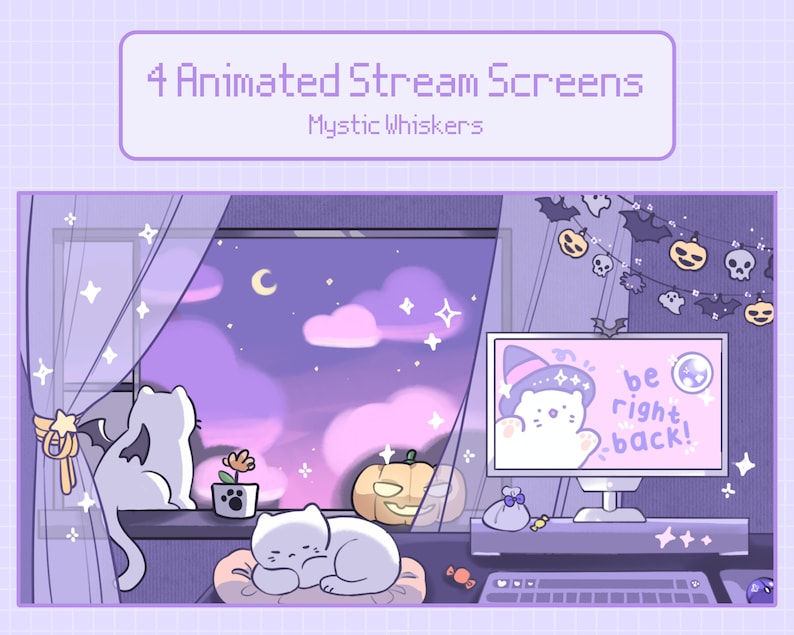 May include: Four animated stream screens featuring a purple and pink nighttime scene with a window, stars, clouds, and a crescent moon. A white cat with a bat wing sits on a windowsill. A white cat with a witch hat is on a computer screen with the text "be right back!" A jack-o-lantern sits on a table with a keyboard and mouse. The text "Mystic Whiskers" is at the top of the image.