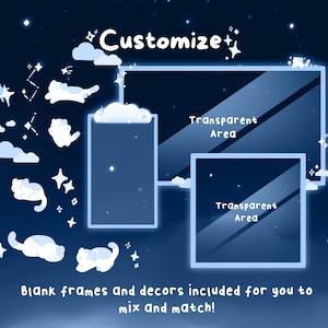 May include: Digital art featuring a dark blue background with white stars, clouds, and cat illustrations. The text "Customize" is at the top, and "Transparent Area" is written on the frames. The text "Blank frames and decors included for you to mix and match!" is at the bottom.