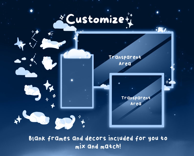 May include: Digital art featuring a dark blue background with white stars, clouds, and cat illustrations. The text "Customize" is at the top, and "Transparent Area" is written on the frames. The text "Blank frames and decors included for you to mix and match!" is at the bottom.