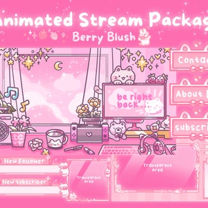 Sobreposição de transmissão animada rosa para Twitch | Pacote de transmissão de sobreposição de Twitch rosa | Pacote de sobreposição de Twitch aconchegante | Animação de sobreposição de transmissão rosa