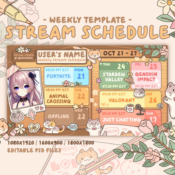 Cottagecore Stream Schedule Template: Editable Twitch/YouTube (PSD File)