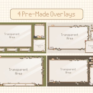 May include: Four pre-made Twitch stream overlays with a woodland theme. Each overlay features a brown wooden frame with vines and flowers, and a transparent area for the streamer's content. The overlays include sections for a chat box, about me, and a transparent area.