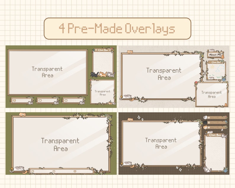 May include: Four pre-made Twitch stream overlays with a woodland theme. Each overlay features a brown wooden frame with vines and flowers, and a transparent area for the streamer's content. The overlays include sections for a chat box, about me, and a transparent area.