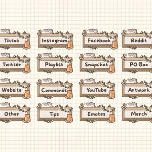 May include: A set of 16 digital stickers featuring cute cats with different social media icons and text. The stickers are in a cartoon style with a brown wooden frame and green vines.