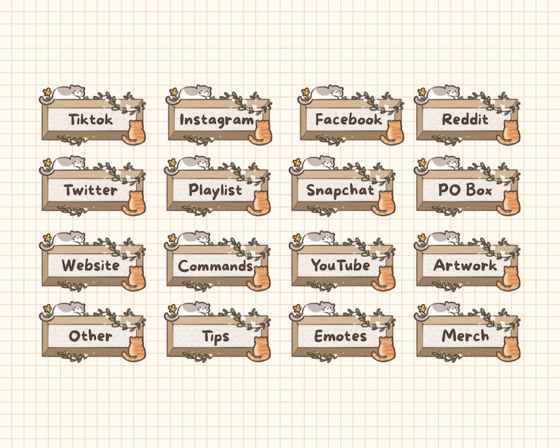 May include: A set of 16 digital stickers featuring cute cats with different social media icons and text. The stickers are in a cartoon style with a brown wooden frame and green vines.