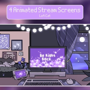 4 telas animadas e aconchegantes do Twitch | Sobreposição de fluxo roxo | Sobreposição fofa do Twitch | Gato Lofi | Estética Lofi | Telas de transmissão