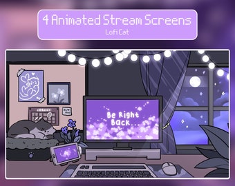 4 Animated Cozy Twitch Screens | Purple Stream Overlay | Cute Twitch Overlay | Lofi Cat | Lofi Aesthetics | Stream Screens