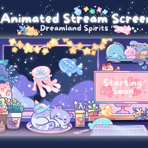 May include: A digital illustration of a computer screen with a pink background and the text "Starting Soon" in white. The screen is surrounded by a variety of cute cartoon characters, including a cat, a jellyfish, and a fish. The background is a dark blue with stars and clouds.