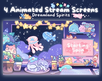May include: A digital illustration of a computer screen with a pink background and the text "Starting Soon" in white. The screen is surrounded by a variety of cute cartoon characters, including a cat, a jellyfish, and a fish. The background is a dark blue with stars and clouds.