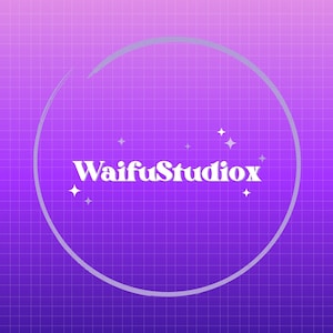 May include: Purple and pink gradient background with a white grid pattern. A white circle with a white outline surrounds the text "WaifuStudiox" in white letters. There are small white stars scattered around the text.