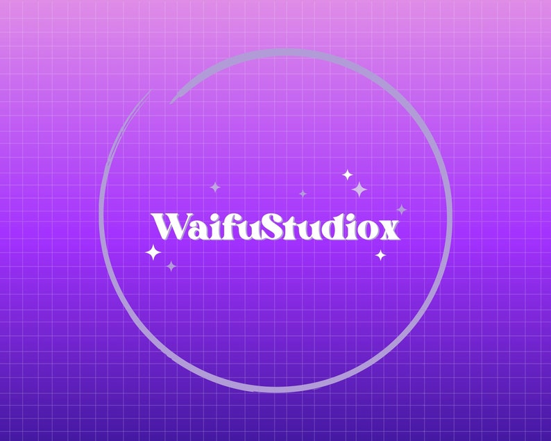 May include: Purple and pink gradient background with a white grid pattern. A white circle with a white outline surrounds the text "WaifuStudiox" in white letters. There are small white stars scattered around the text.