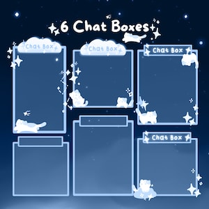 May include: A digital illustration featuring six chat boxes with a night sky theme. Each box is outlined in light blue and adorned with white stars and cartoon cats. The text "6 Chat Boxes" is at the top.