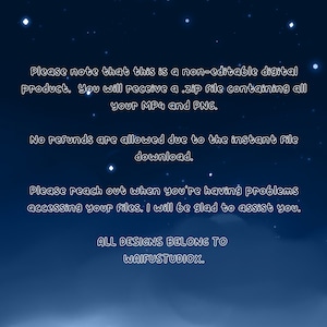 May include: A digital product notice against a dark blue starry background. The text states the product is non-editable, delivered as a .zip file, and no refunds are available. It also includes a customer service message and the shop's name.