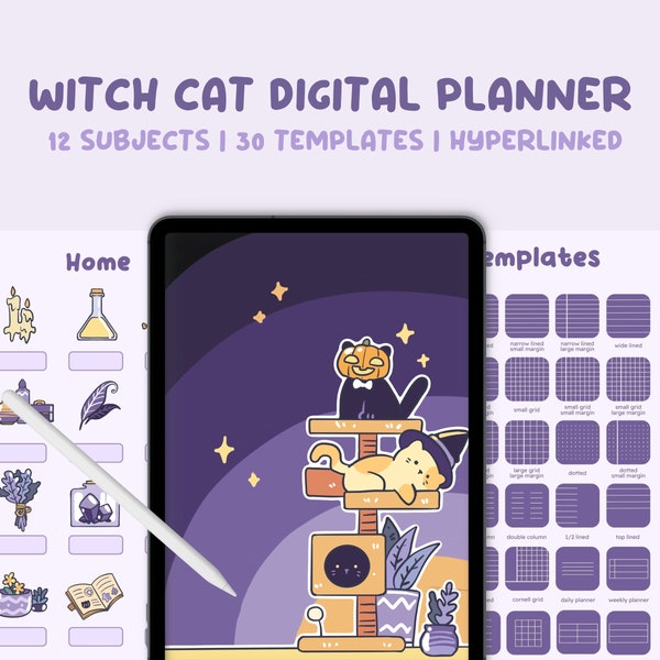 Witch Digital Planner | Cat Digital Planner | Digital Notebook With Tabs | Goodnotes | Notability | Hyperlinked | Notes Templates