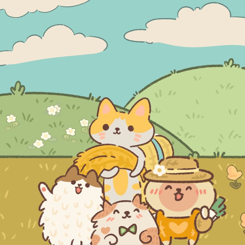 May include: Four cartoon animals, a cat, a dog, a bunny, and a sheep, are standing in a field of grass and flowers. The cat is holding a bundle of hay, the dog is wearing a straw hat, the bunny is holding a carrot, and the sheep is holding a bouquet of flowers.
