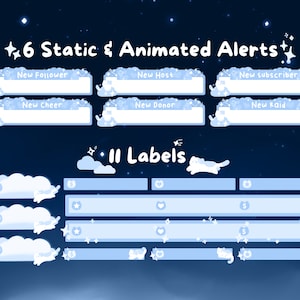 May include: Digital art featuring six static and animated alerts with text labels like "New Follower" and "New Subscriber." Eleven labels are also shown, all in a light blue color scheme with cloud and star motifs against a dark blue starry background.