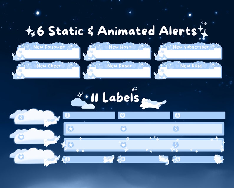 May include: Digital art featuring six static and animated alerts with text labels like "New Follower" and "New Subscriber." Eleven labels are also shown, all in a light blue color scheme with cloud and star motifs against a dark blue starry background.