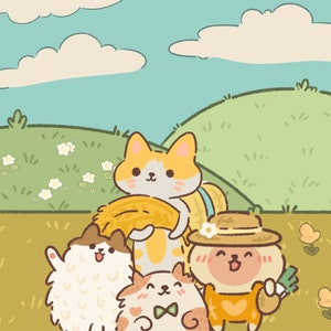 May include: Four cartoon animals, a cat, a fluffy dog, a dog with a hat, and a dog with a bow tie, are standing in a field with green grass and white flowers. The cat is holding a bale of hay. The dog with the hat is holding a bunch of green vegetables.