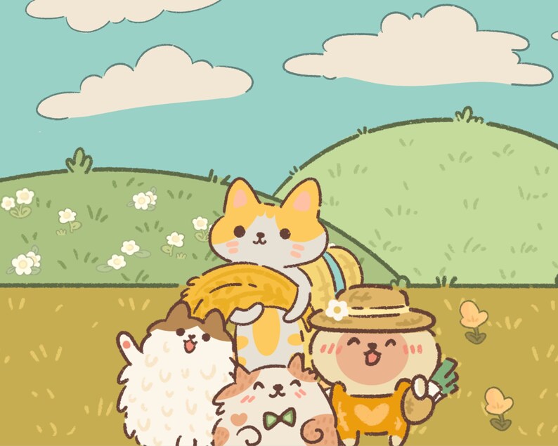 May include: Four cartoon animals, a cat, a fluffy dog, a dog with a hat, and a dog with a bow tie, are standing in a field with green grass and white flowers. The cat is holding a bale of hay. The dog with the hat is holding a bunch of green vegetables.